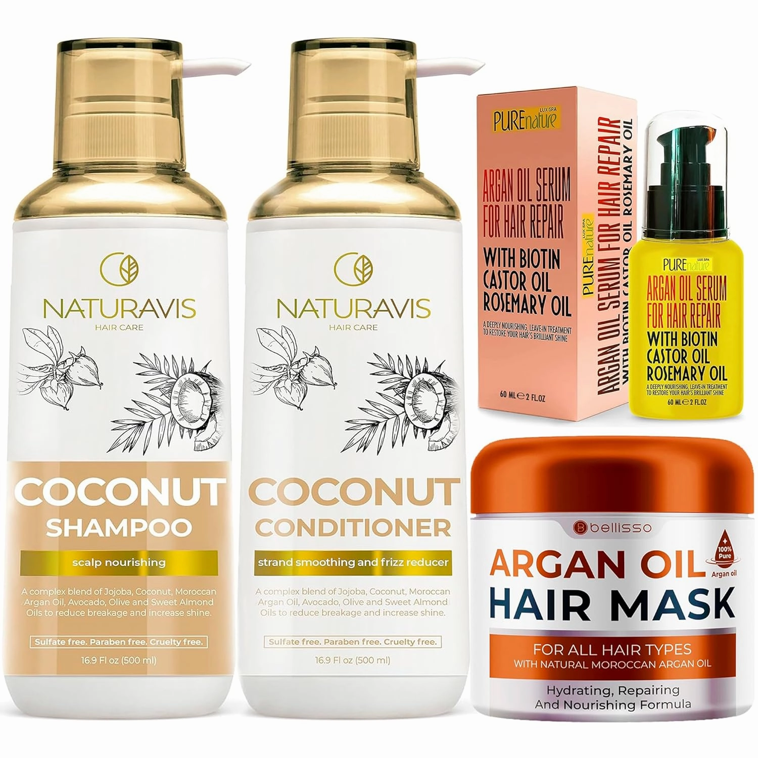 Coconut Shampoo and Conditioner Set and Moroccan Argan Oil Mask and Moroccan Argan Oil Hair Serum