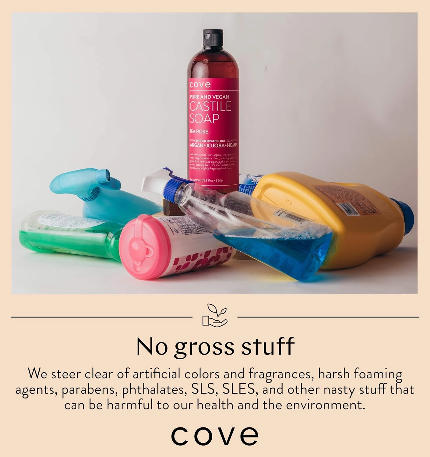 Cove Castile Soap Unscented - 1 Liter / 33.8 fl oz - Organic Argan, Jojoba, and Hemp Oils