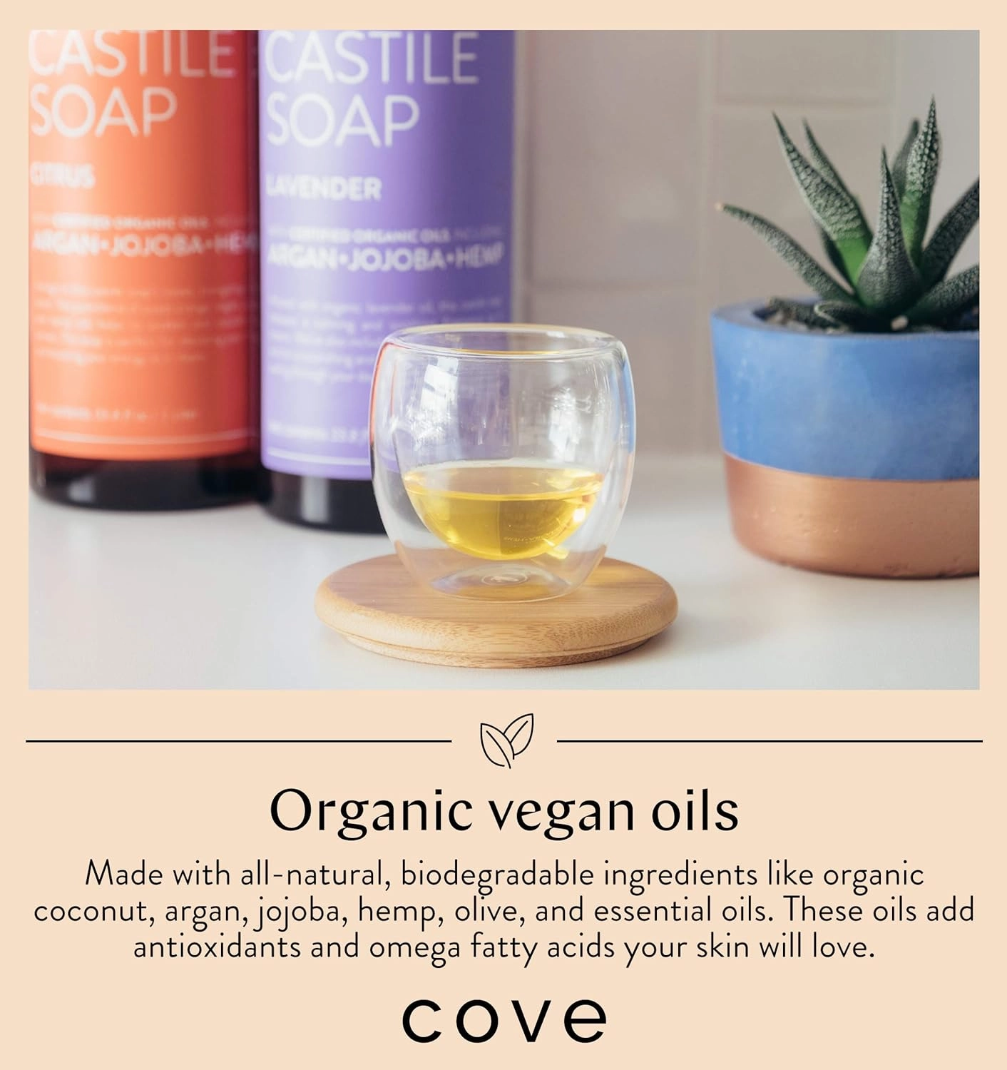 Cove Castile Soap Unscented - 1 Liter / 33.8 fl oz - Organic Argan, Jojoba, and Hemp Oils