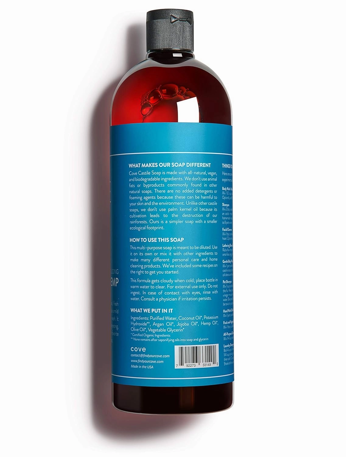 Cove Castile Soap Unscented - 1 Liter / 33.8 fl oz - Organic Argan, Jojoba, and Hemp Oils