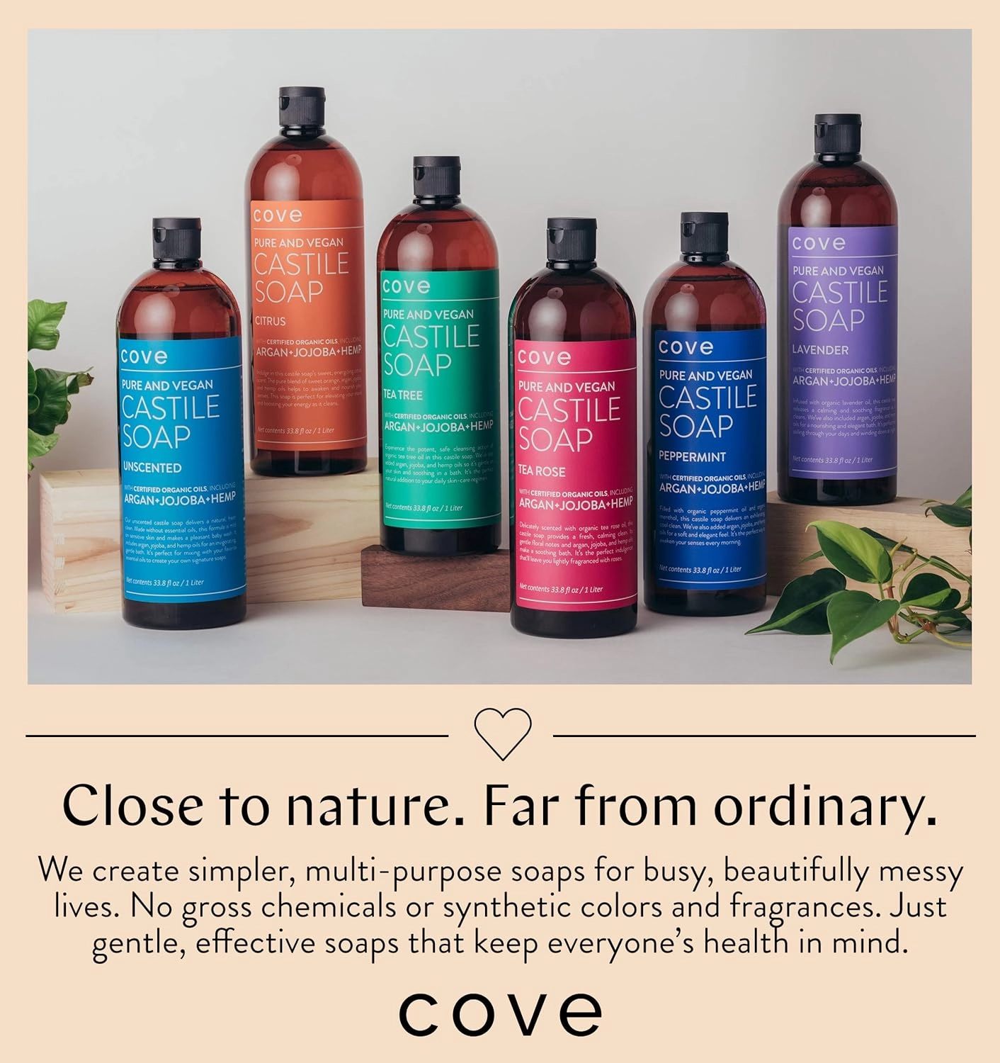 Cove Castile Soap Unscented - 1 Liter / 33.8 fl oz - Organic Argan, Jojoba, and Hemp Oils