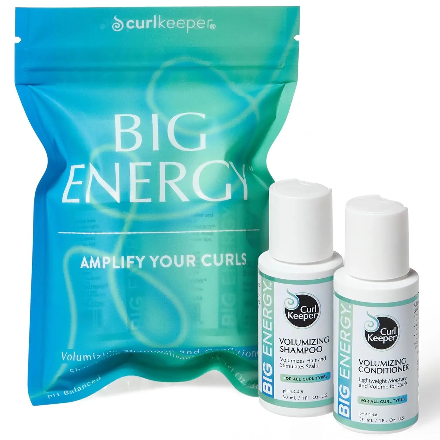 Curl Keeper Big Energy Volumizing Shampoo & Conditioner, Travel Set with Pouch - Volumizes Hair & Stimulates Scalp for All Curl Types - Sulfate Free, Water-Based Formula, Packed with Rich Minerals