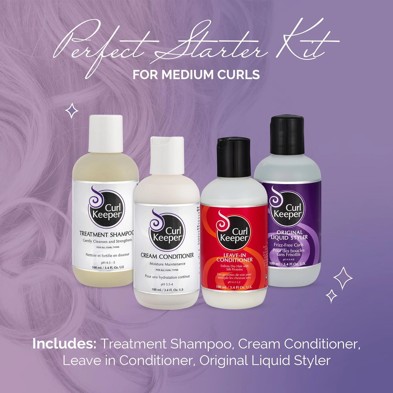 Curl Keeper Medium Curl Starter Kit for Curly Hair - Travel Size Set Includes Original Liquid Styler, Treatment Shampoo, Cream Conditioner & Leave-In Conditioner - Maximum Definition Shine & Moisture
