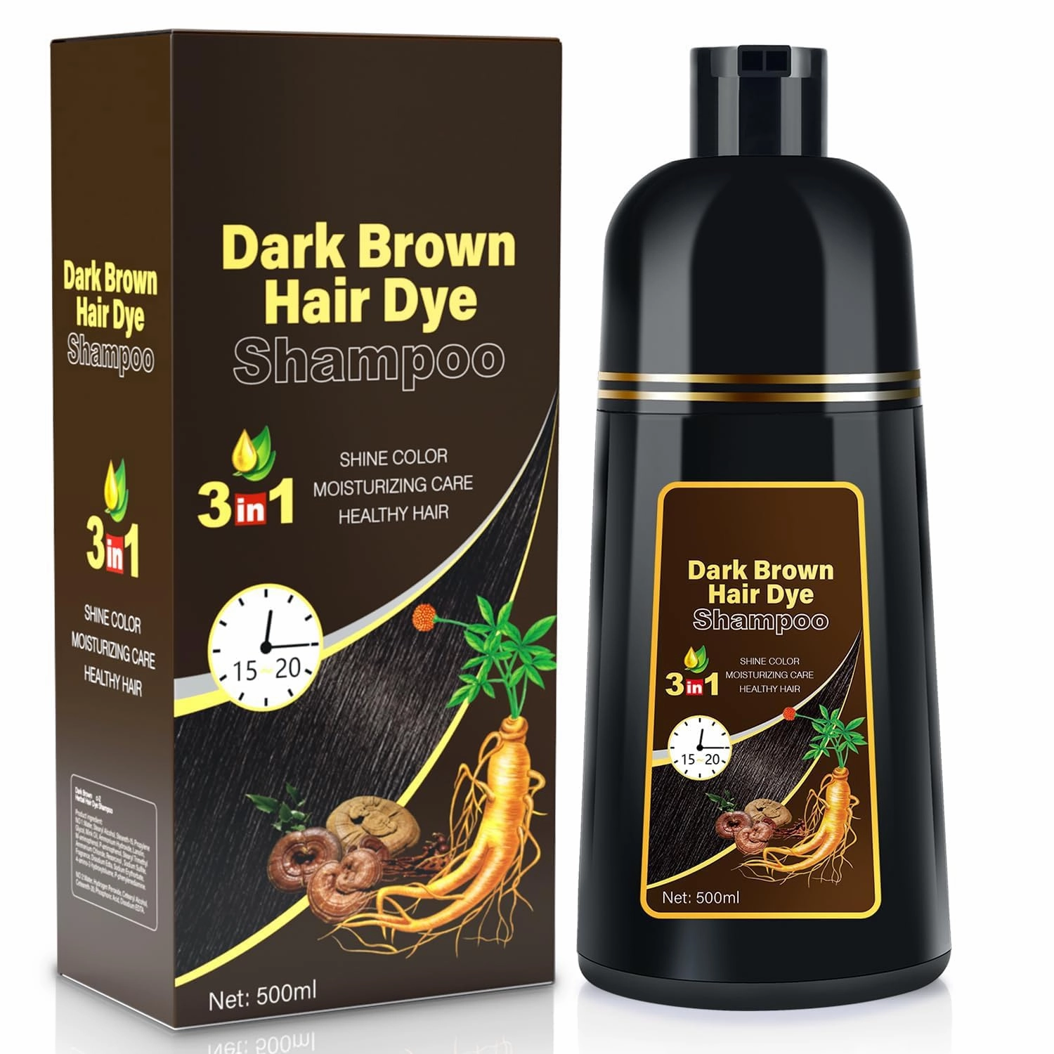 Dark Brown Hair Dye Shampoo 3 IN 1, Hair Color Shampoo for Gray Hair Coverage for Women Men, Natural Herbal Formula with Ammonia-free Ingredients, Lasts up to 30 Days (16.9 Fl Oz)