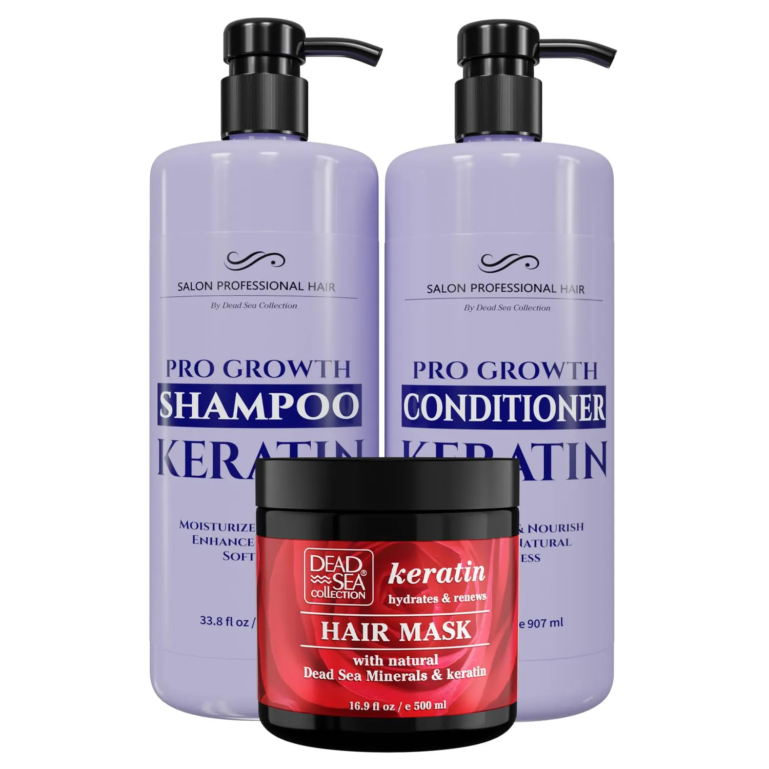 Dead Sea Collection Keratin Hair Care Bundle – Shampoo, Conditioner & Hair Mask with Dead Sea Minerals – Hydrating & Strengthening Set for All Hair Types (33.8, 30.6 & 16.9 Fl. Oz.)