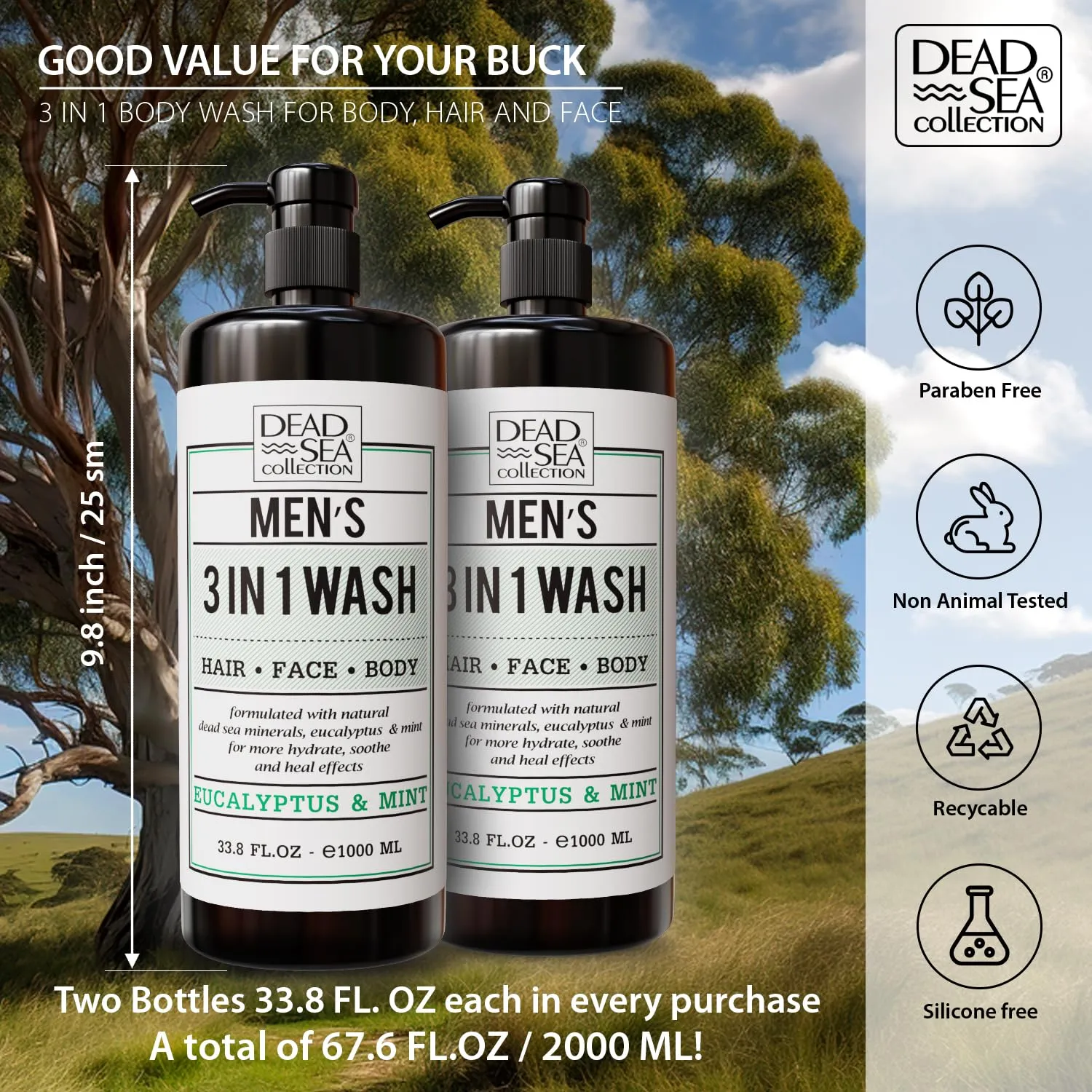 Dead Sea Collection Mens Body Wash 3 in 1 – Eucalyptus Body Wash for Men – Shower Gel – Shampoo – Shower Soap for Face and Hair – Pack of 2 Bottles (33.8 Fl. Oz. Each)