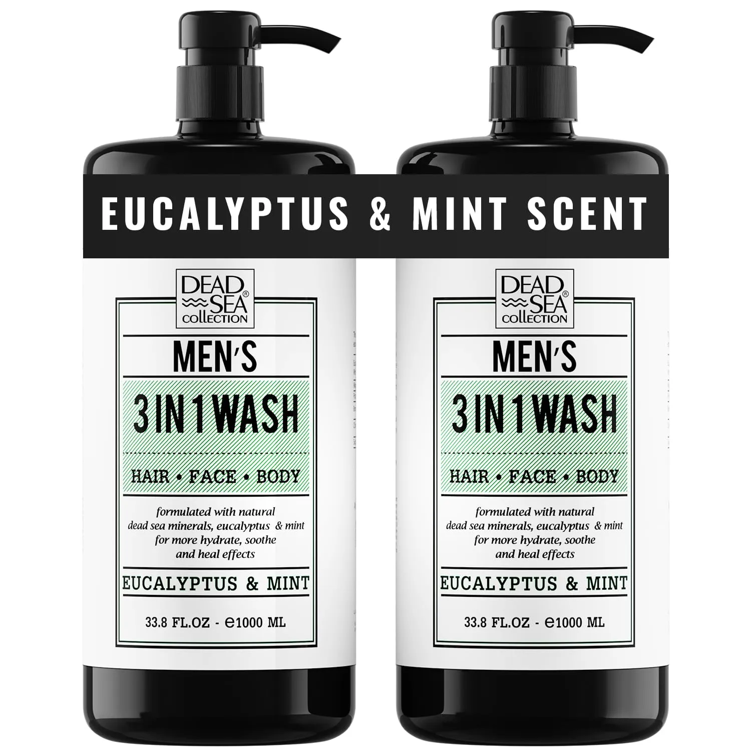 Dead Sea Collection Mens Body Wash 3 in 1 – Eucalyptus Body Wash for Men – Shower Gel – Shampoo – Shower Soap for Face and Hair – Pack of 2 Bottles (33.8 Fl. Oz. Each)