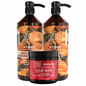 Dead Sea Collection Hair Care Bundle – Argan Oil Shampoo & Conditioner Set   Keratin Hair Mask – Hydrating and Strengthening Treatment – For All Hair Types (33.8, 30.6 & 16.9 Fl. Oz.)
