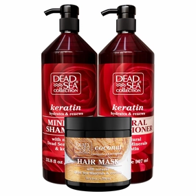 Dead Sea Collection Hair Care Bundle – Keratin Shampoo & Conditioner Set   Coconut Hair Mask – Hydrating and Strengthening Treatment – For All Hair Types (33.8, 30.6 & 16.9 Fl. Oz.)