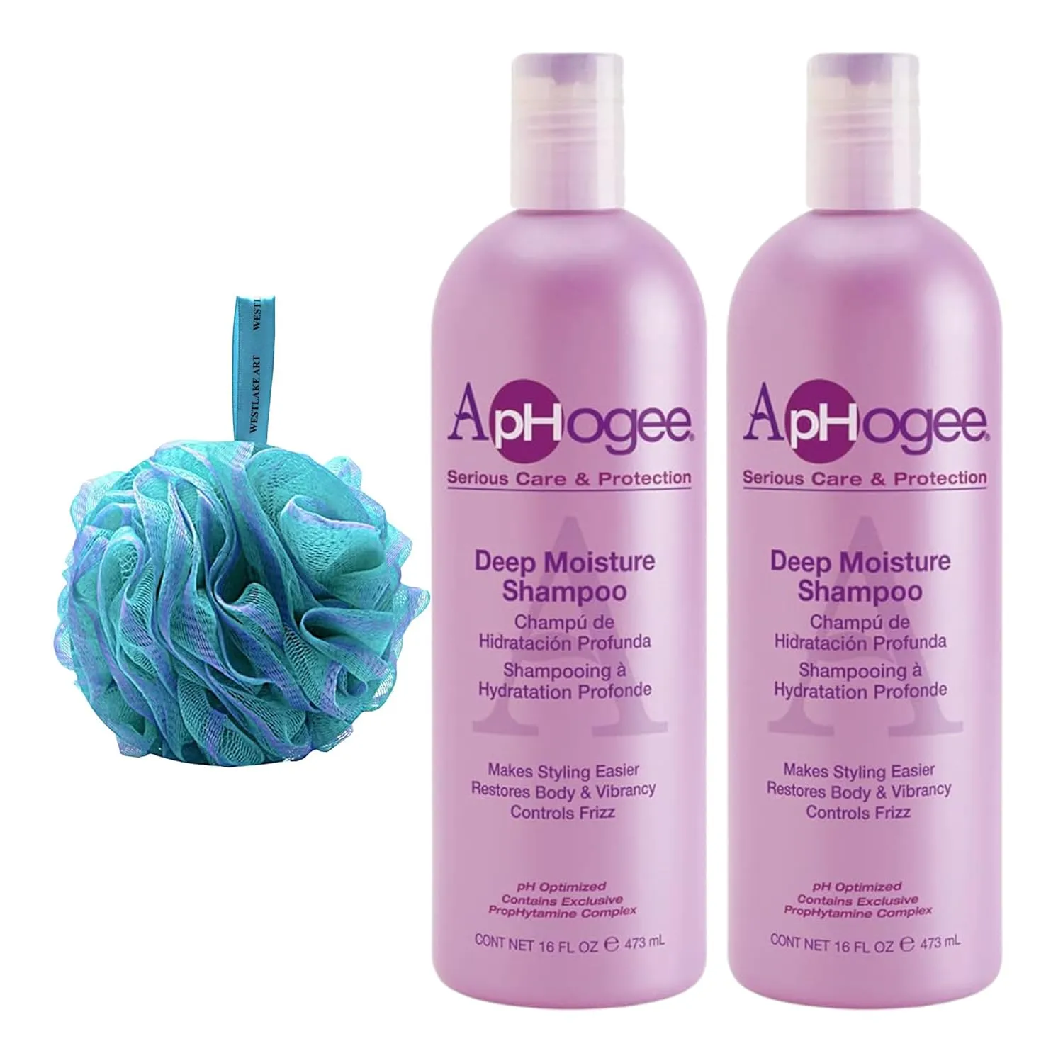 Deep Moisture Shampoo, 16 fl oz, Intensive Hydration, Shampoo for Dry Hair and Frizz, Protein Enriched for Stronger Hair, Safe for Color-Treated Hair, Bundled Bath Sponge(Pack of 2)