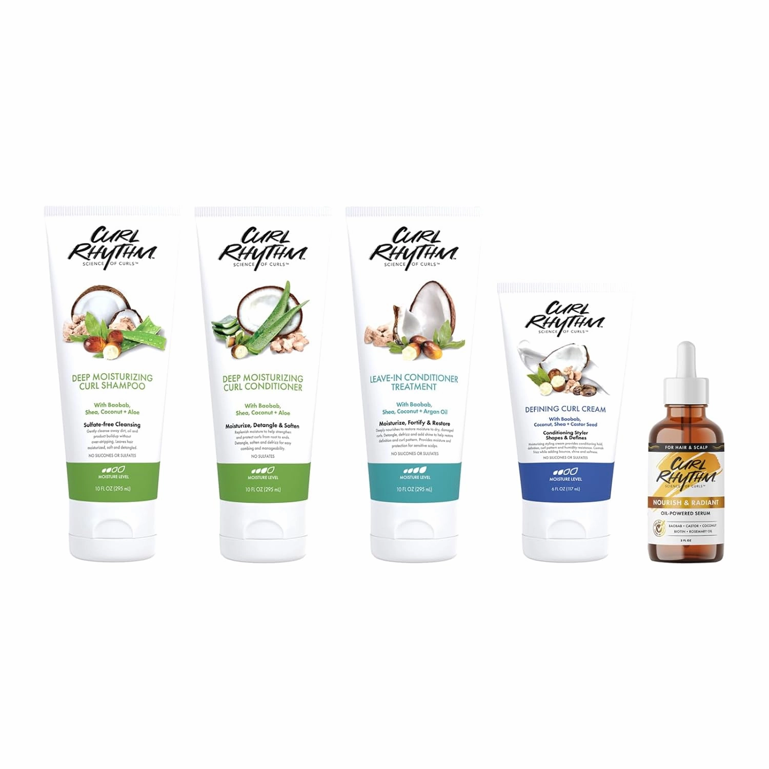 Deep Moisturizing Haircare Curl Set - Shampoo, Conditioner, Serum, Leave-in Conditioner and Curl Cream - With Shea Butter and Coconut - Strengthens and Protects Curls - 5 pc