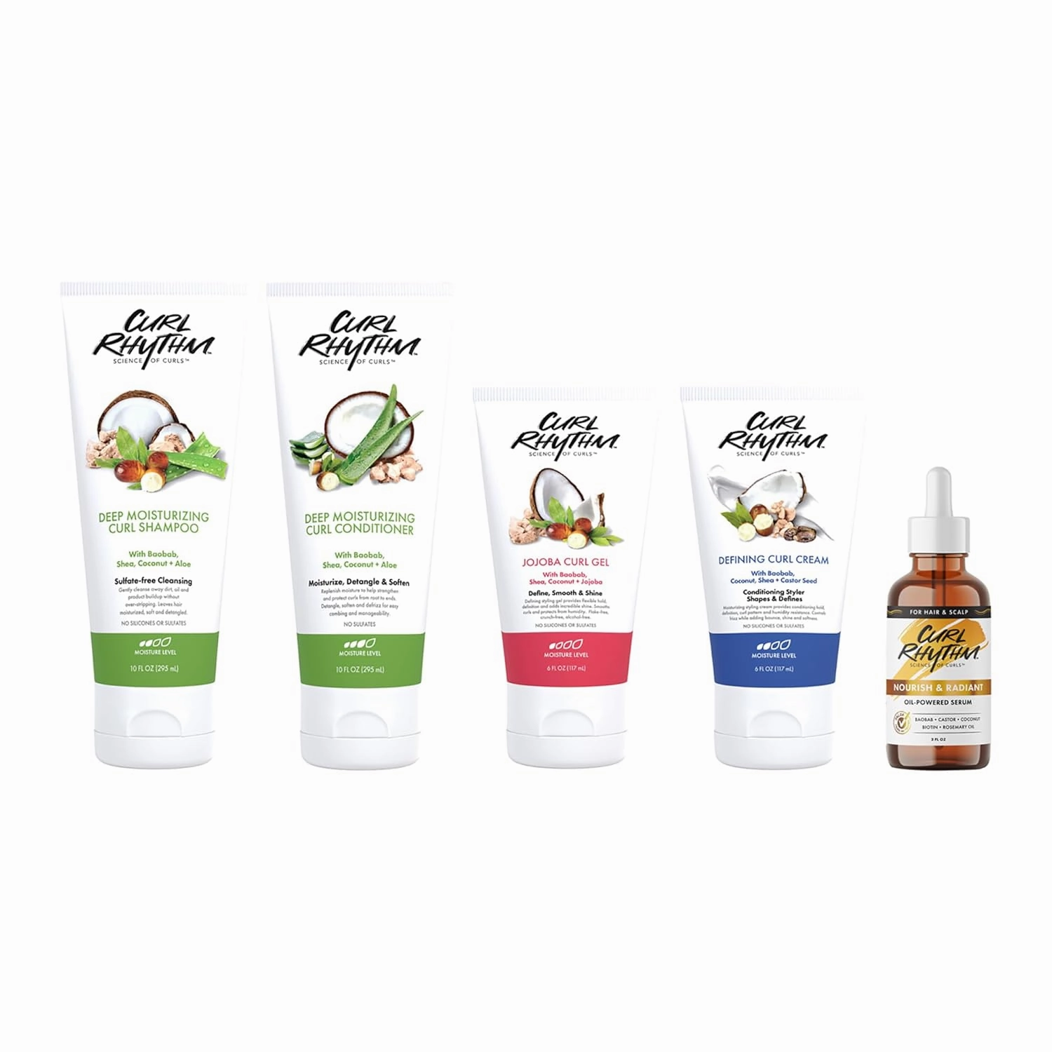 Deep Moisturizing Haircare Curl Set - Shampoo, Hair Gel, Serum, Leave-in Conditioner, and Curl Cream - With Shea Butter, Coconut, and Aloe - Frizz Control, Shine, and Bounce - 5 pc