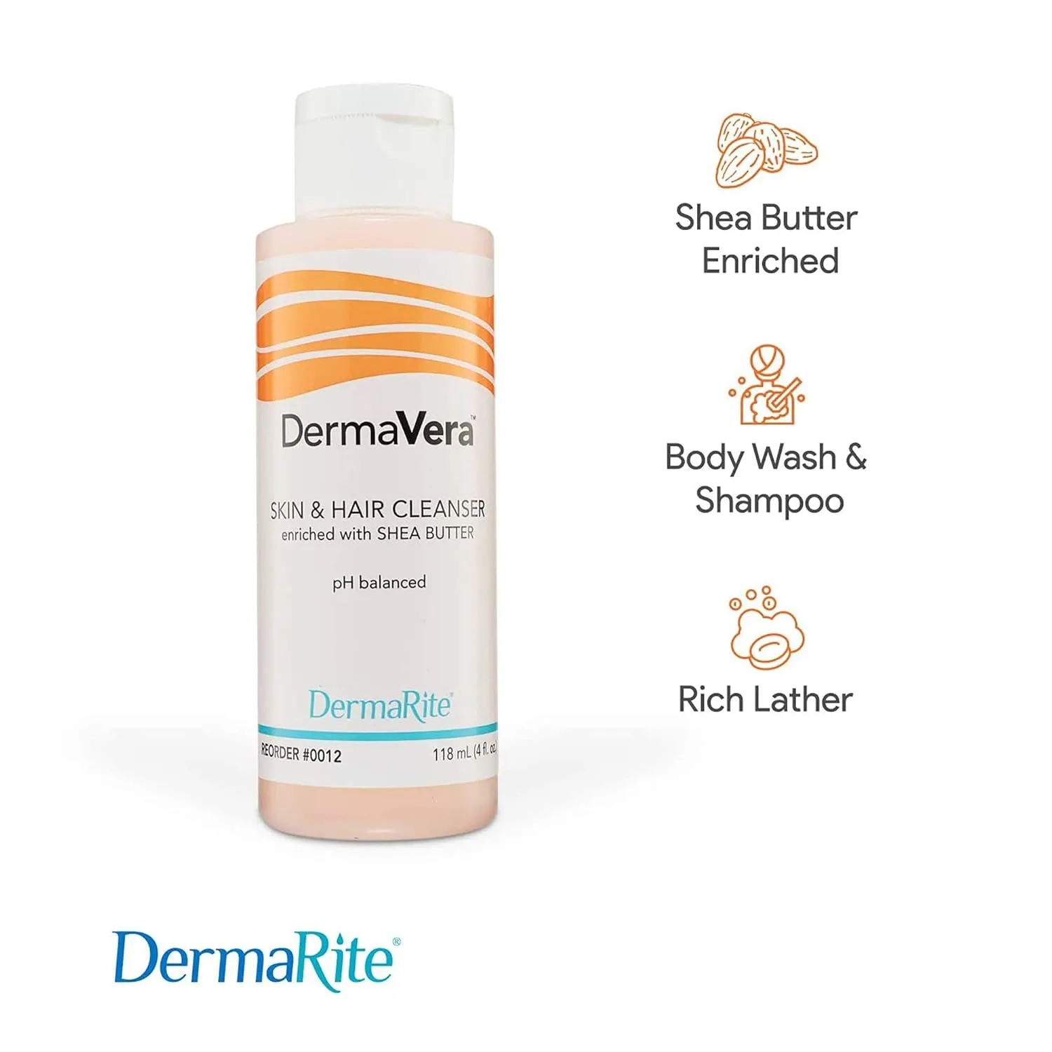 DermaRite DermaVera Skin & Hair Cleanser - Shampoo and Body Wash with Moisturizing Shea Butter, pH Balanced - 7.5 oz., 6 Count