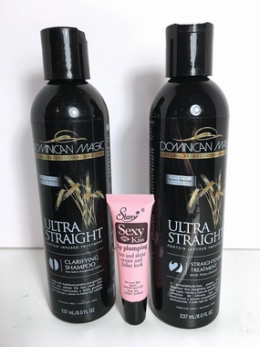 Dominican Magic Ultra Straight 1 Clarifying Shampoo 8 Oz and Ultra Straight 2 Straightening Treatment with Frizz Control 8 Oz"Free Starry Sexy Kiss Lip Plumping 10 Ml"