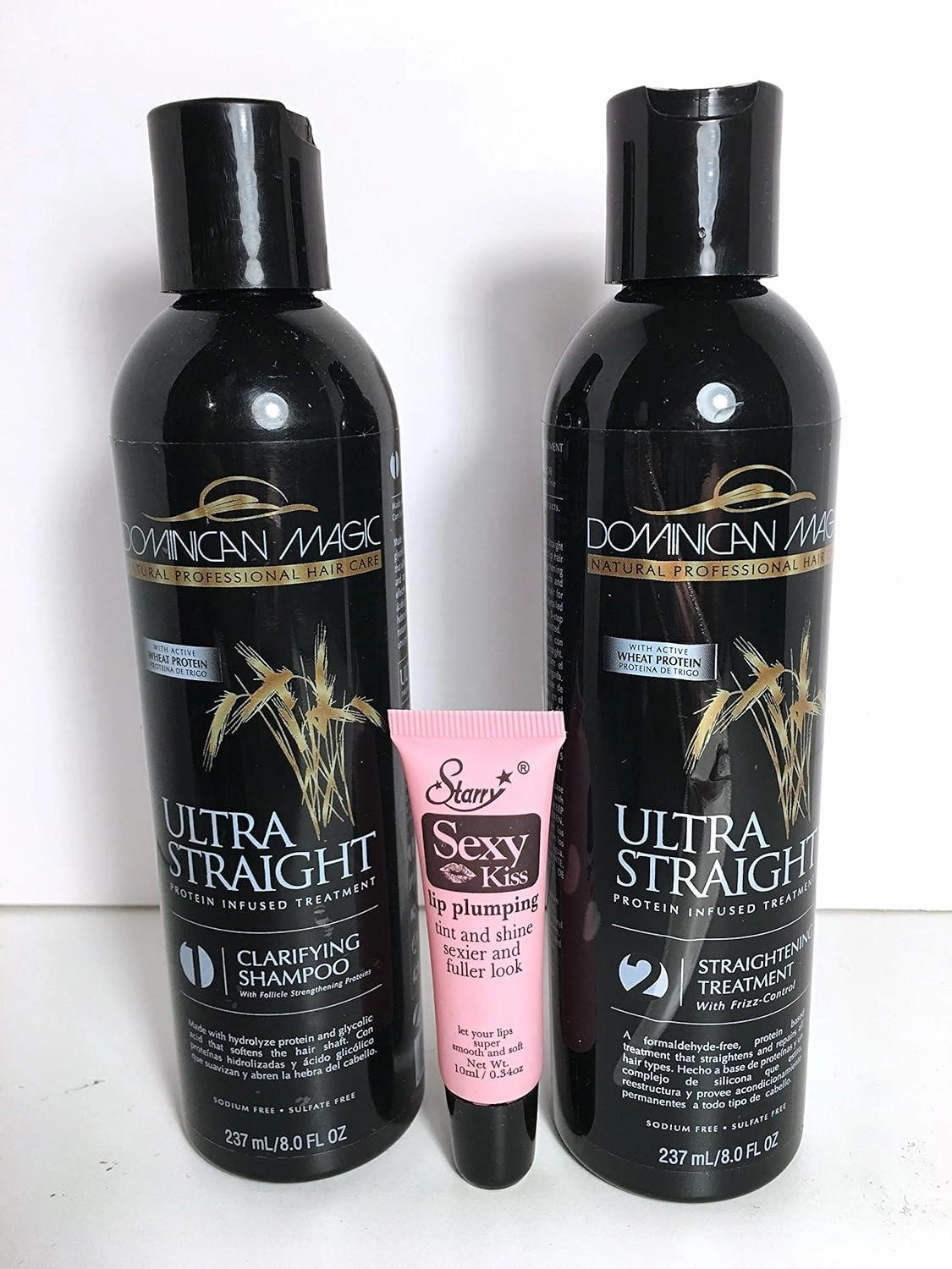 Dominican Magic Ultra Straight 1 Clarifying Shampoo 8 Oz and Ultra Straight 2 Straightening Treatment with Frizz Control 8 Oz"Free Starry Sexy Kiss Lip Plumping 10 Ml"