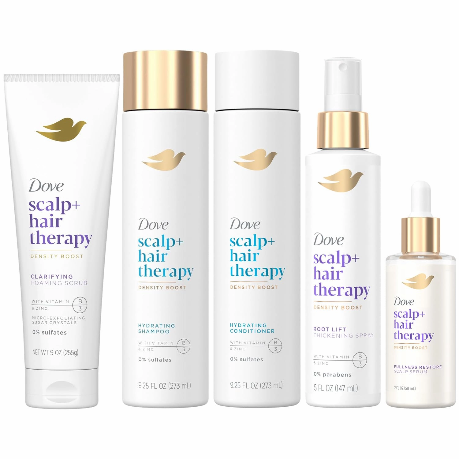 Dove Scalp   Hair Therapy Bundle – Clarifying Foaming Scrub, Hydrating Shampoo & Conditioner, Root Lift Thickening Spray   Fullness Restore Scalp Serum (5 Piece Set)