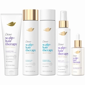 Dove Scalp   Hair Therapy Bundle – Clarifying Foaming Scrub, Hydrating Shampoo & Conditioner, Root Lift Thickening Spray   Fullness Restore Scalp Serum (5 Piece Set)