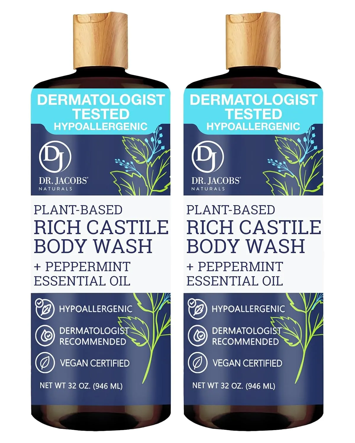 DR. JACOBS NATURALS Castile Peppermint All-Natural Body Wash for Moisturizing Dry and Sensitive Skin Shampoo with Plant-Based Ingredients Gluten, Preservatives-Free Formula - 32 oz, Pack of 2