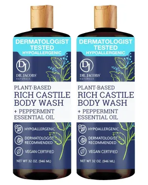 DR. JACOBS NATURALS Castile Peppermint All-Natural Body Wash for Moisturizing Dry and Sensitive Skin Shampoo with Plant-Based Ingredients Gluten, Preservatives-Free Formula - 32 oz, Pack of 2