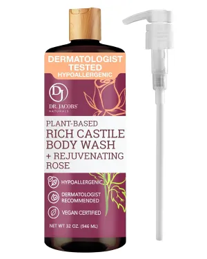 Dr. Jacobs Naturals Castile Rose All-Natural Body Wash for Moisturizing Dry and Sensitive Skin Shampoo with Plant-Based Ingredients Gluten, Preservatives-Free Formula with Pump - 32 Ounce