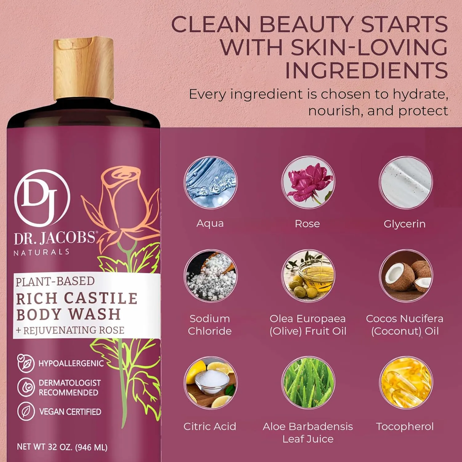 Dr. Jacobs Naturals Castile Rose All-Natural Body Wash for Moisturizing Dry and Sensitive Skin Shampoo with Plant-Based Ingredients Gluten, Preservatives-Free Formula with Pump - 32 Ounce