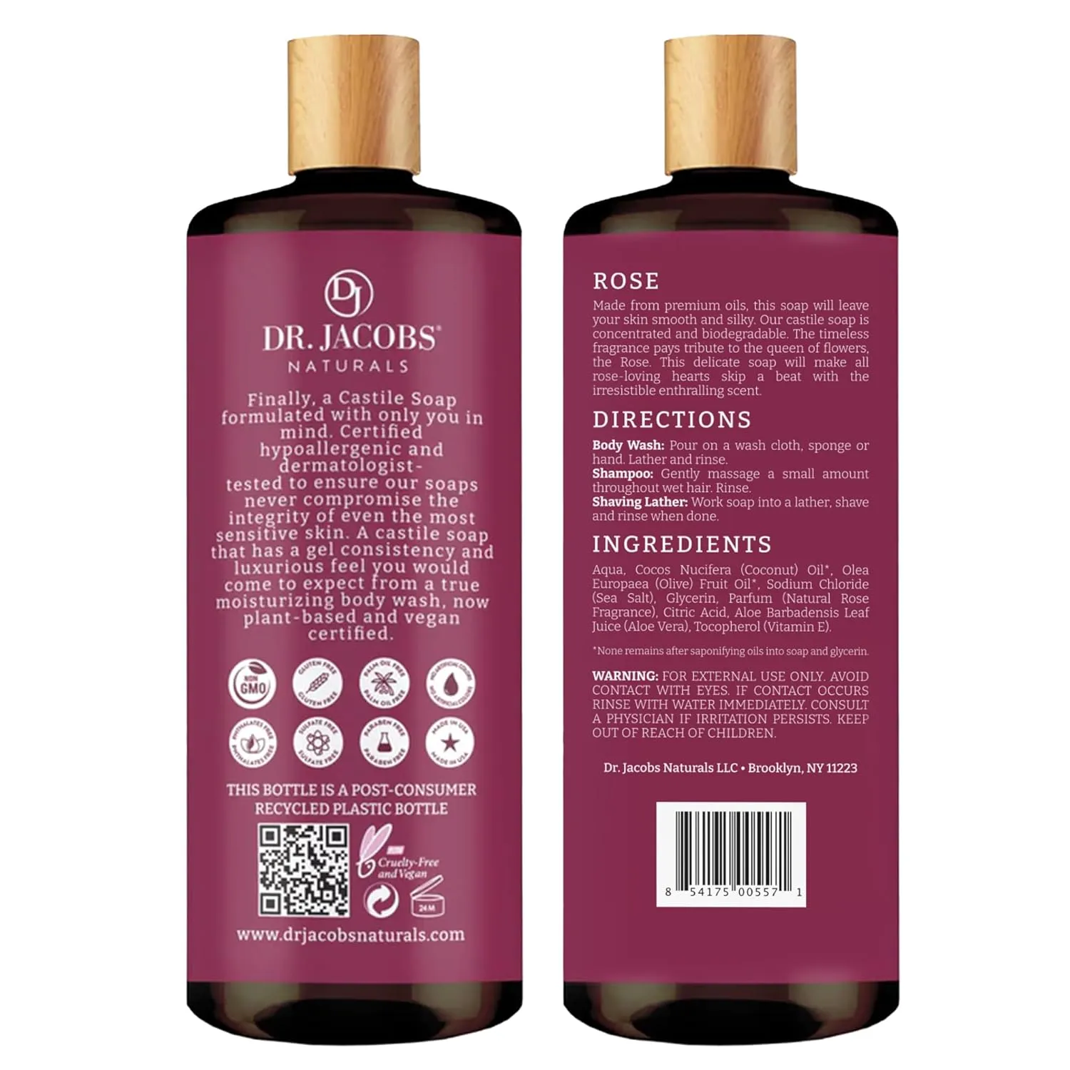 Dr. Jacobs Naturals Castile Rose All-Natural Body Wash for Moisturizing Dry and Sensitive Skin Shampoo with Plant-Based Ingredients Gluten, Preservatives-Free Formula with Pump - 32 Ounce