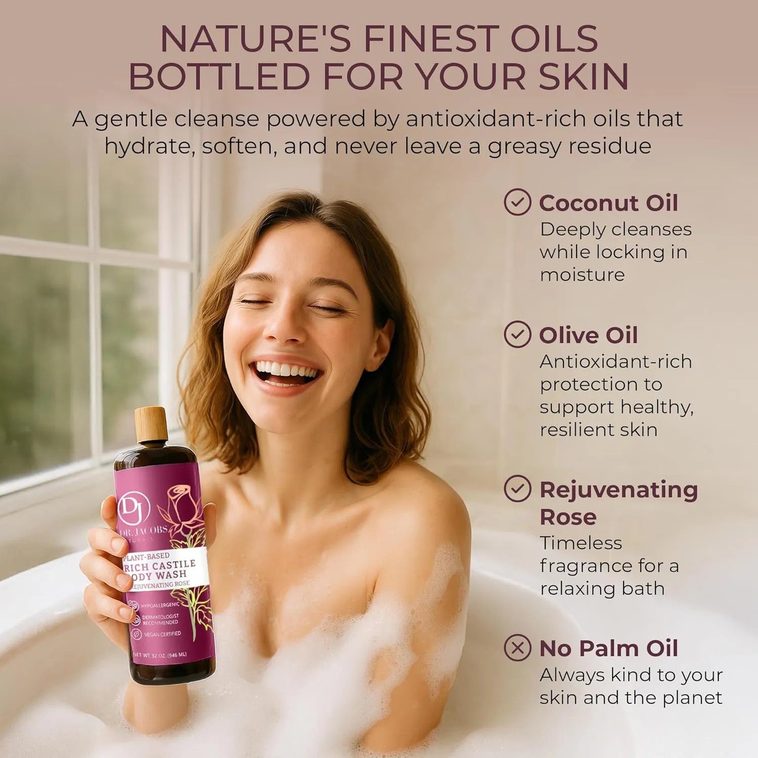 Dr. Jacobs Naturals Castile Rose All-Natural Body Wash for Moisturizing Dry and Sensitive Skin Shampoo with Plant-Based Ingredients Gluten, Preservatives-Free Formula with Pump - 32 Ounce