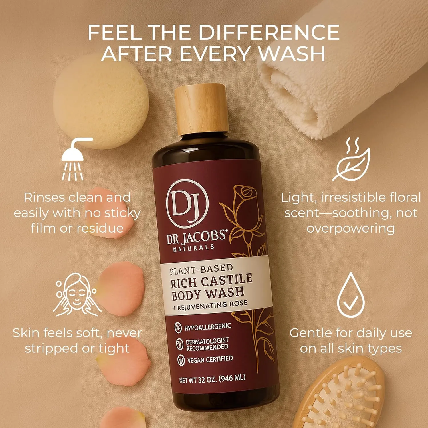 Dr. Jacobs Naturals Castile Rose All-Natural Body Wash for Moisturizing Dry and Sensitive Skin Shampoo with Plant-Based Ingredients Gluten, Preservatives-Free Formula with Pump - 32 Ounce