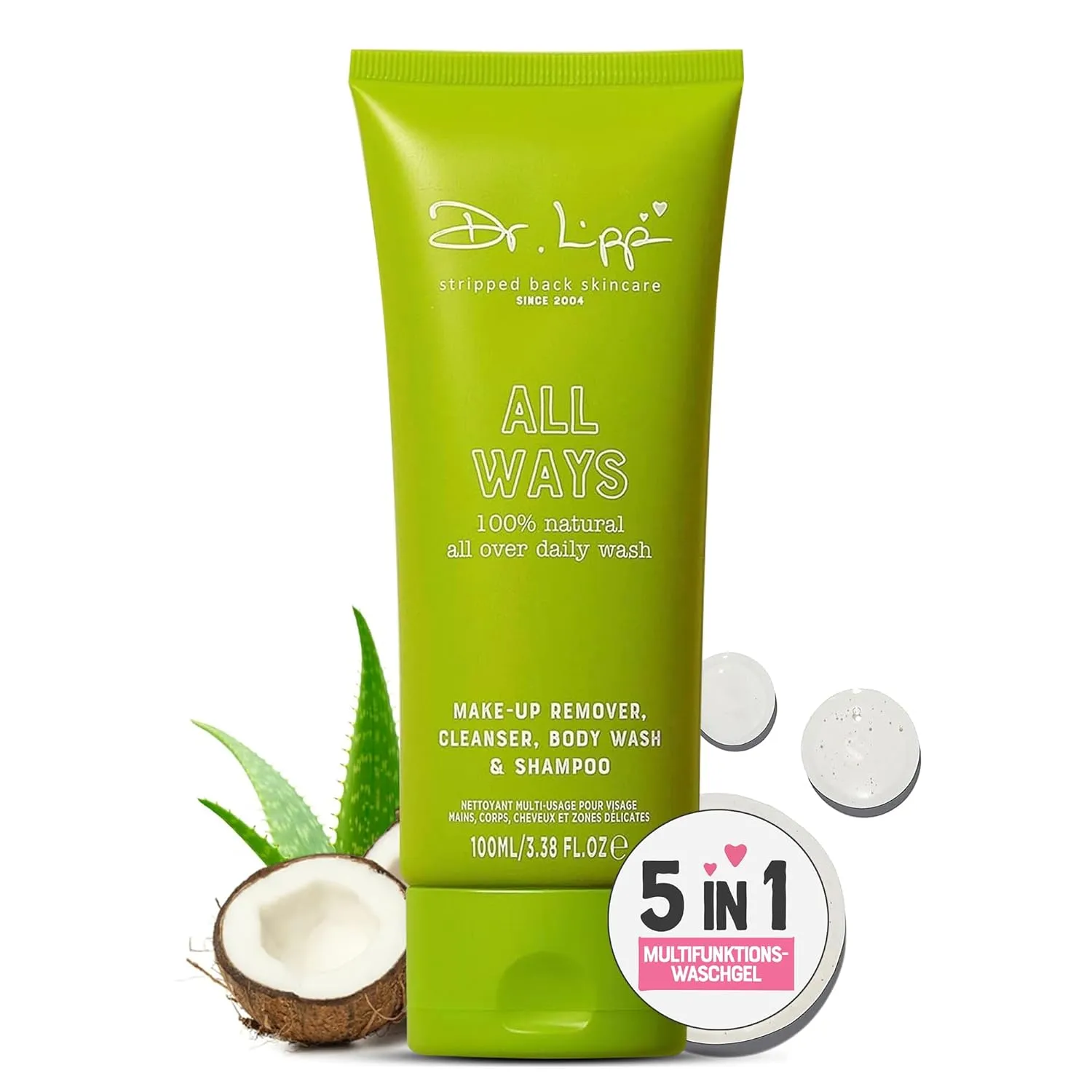 Dr. Lipp All Ways Cleanser 100ml – 5-in-ONE Moisturizing Body Wash, Face Cleanser, Make-Up Remover, Shampoo & Shaving gel – 100% Natural Aloe Vera & Coconut Oil, Vegetarian & Fragrance Free