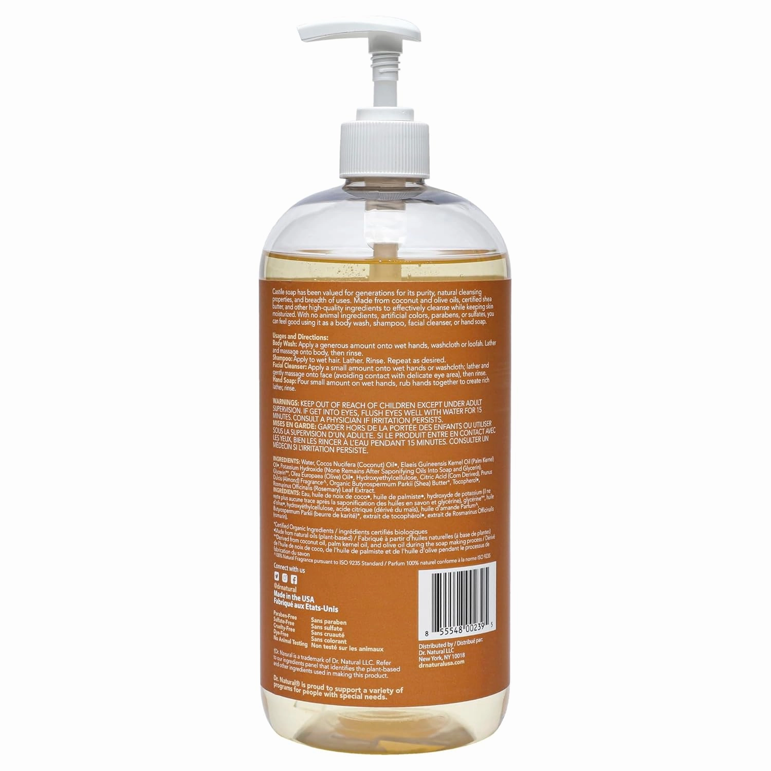 Dr. Natural Castile Liquid Soap - Multi-Use Body Wash, Shampoo and Face Wash - Hydrating Body Soap for Skin, Hair, Pets and Home - Almond - 32 oz