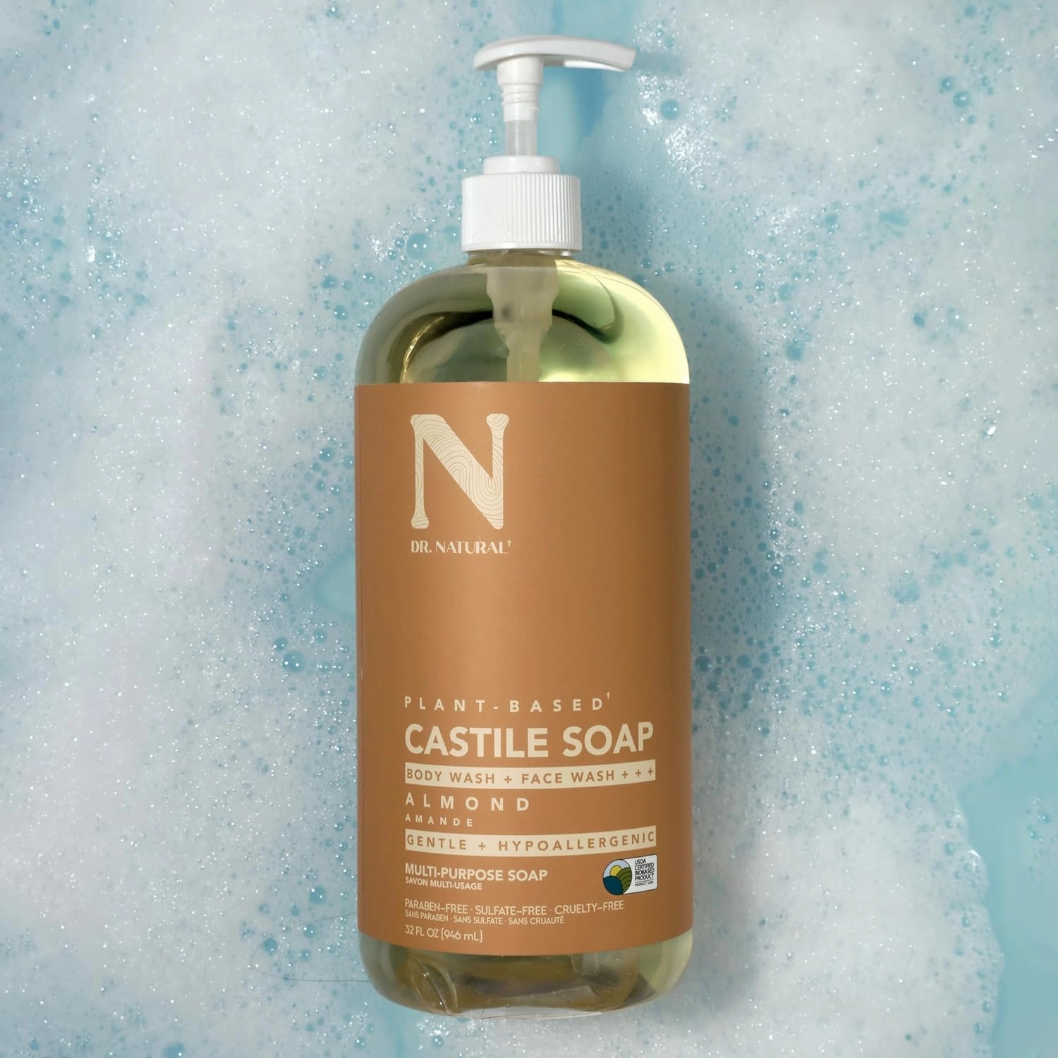 Dr. Natural Castile Liquid Soap - Multi-Use Body Wash, Shampoo and Face Wash - Hydrating Body Soap for Skin, Hair, Pets and Home - Almond - 32 oz