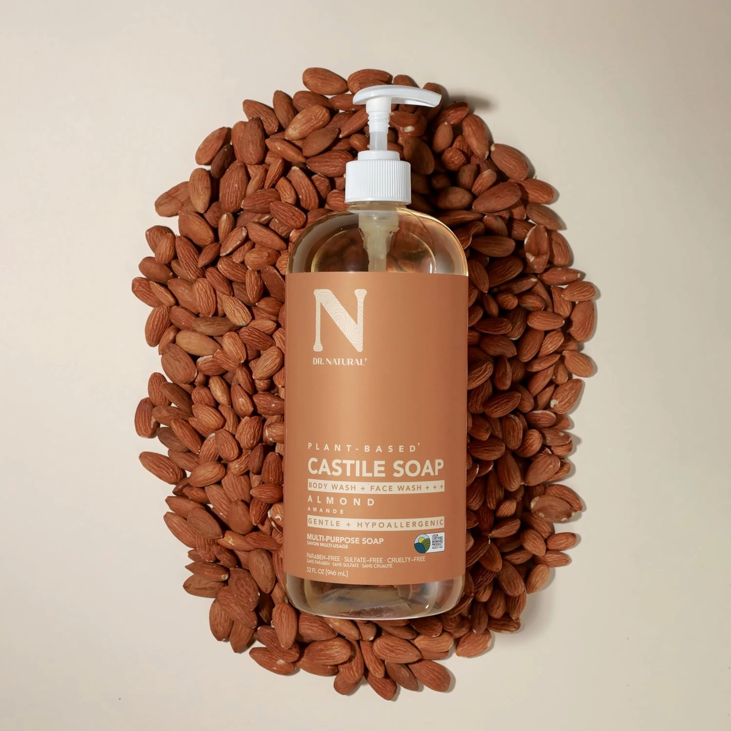 Dr. Natural Castile Liquid Soap - Multi-Use Body Wash, Shampoo and Face Wash - Hydrating Body Soap for Skin, Hair, Pets and Home - Almond - 32 oz