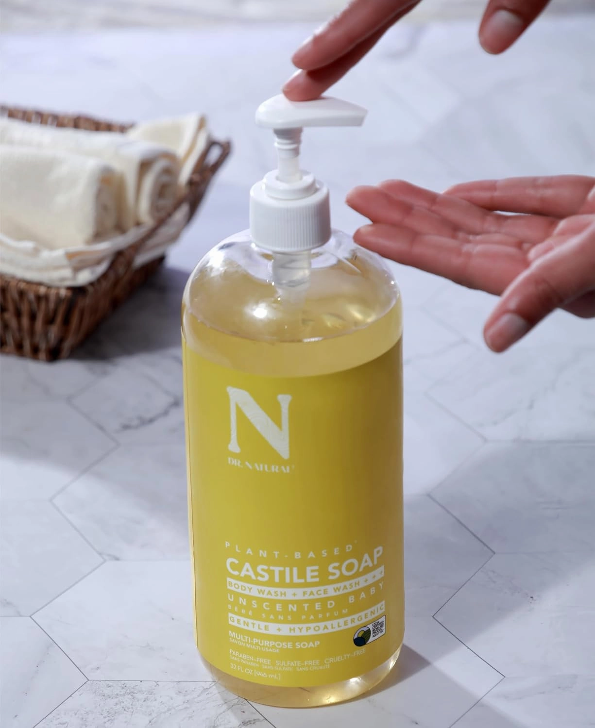 Dr. Natural Castile Liquid Unscented Baby Soap, Mild, 32 oz - Plant-Based - Made with Organic Shea Butter - Rich in Essential Oils - Sulfate and Paraben-Free, Cruelty-Free - Multi-Purpose Soap