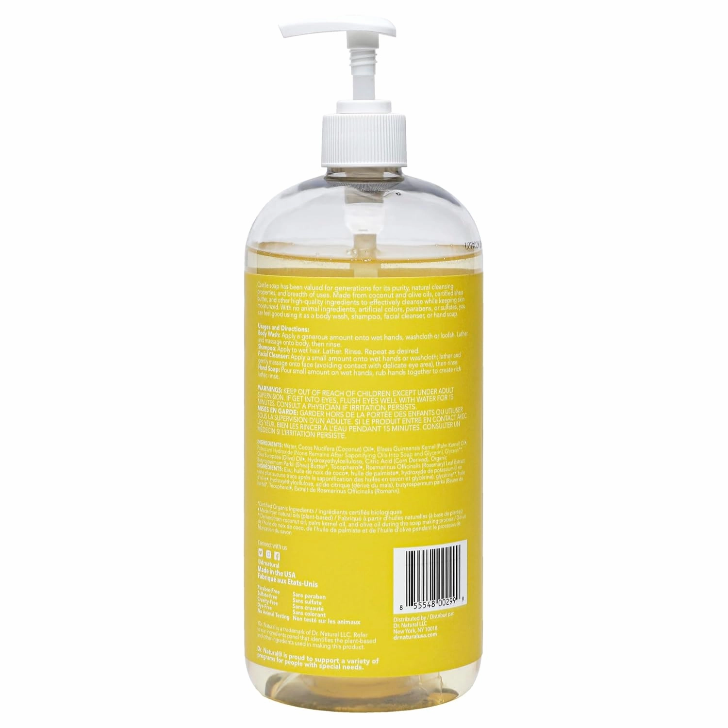 Dr. Natural Castile Liquid Unscented Baby Soap, Mild, 32 oz - Plant-Based - Made with Organic Shea Butter - Rich in Essential Oils - Sulfate and Paraben-Free, Cruelty-Free - Multi-Purpose Soap