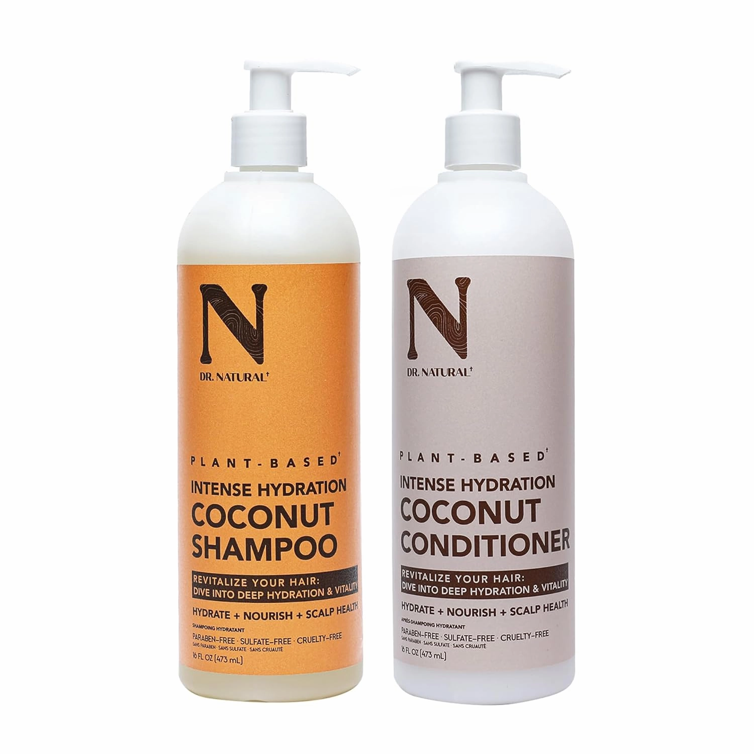 Dr. Natural Intense Hydration Coconut Shampoo and Conditioner Set - Hydrating Shampoo for Dry Hair - Clarifying Shampoo to Control Frizz - 2 pc