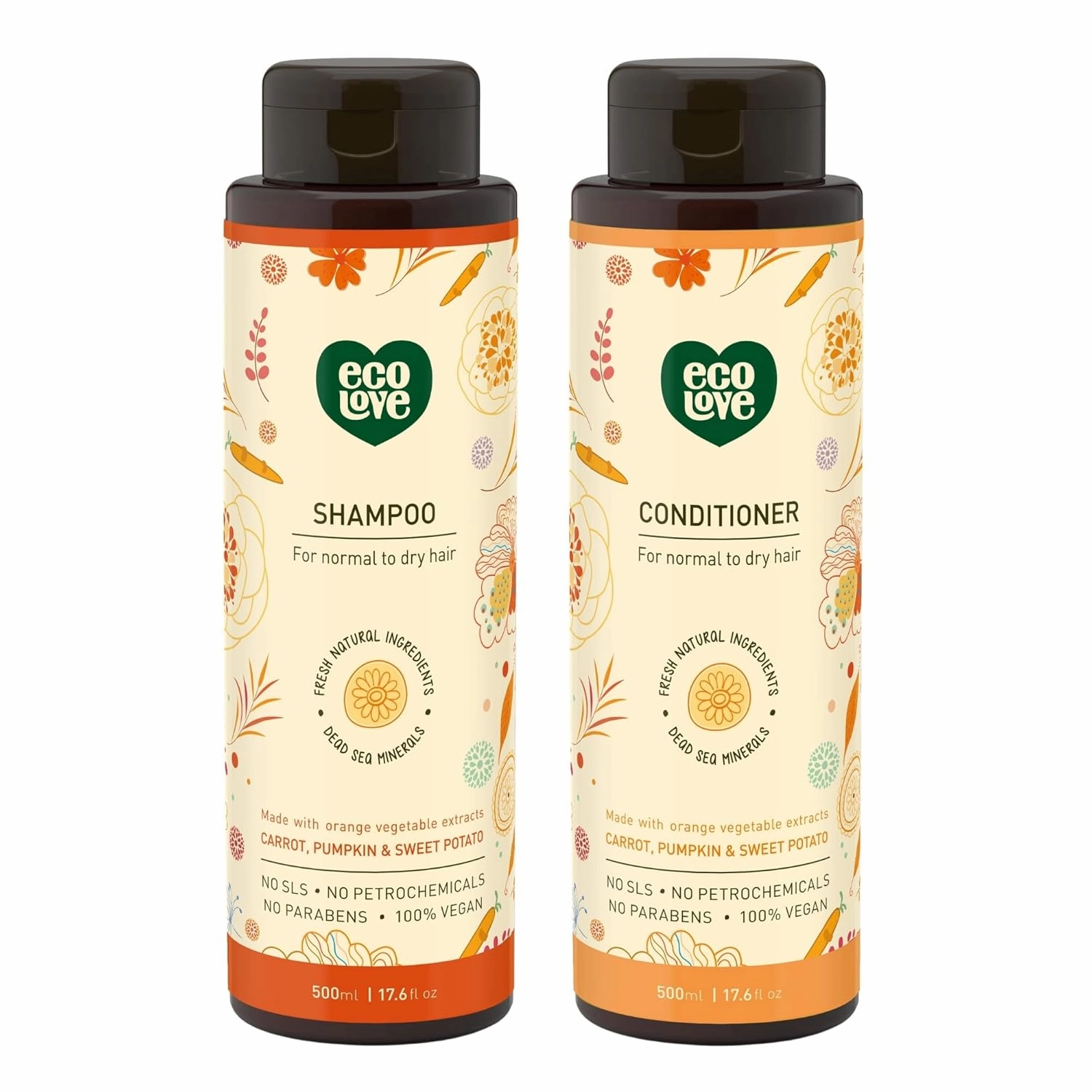 ecoLove - Natural Conditioner and Shampoo for Dry, Damaged Hair and Color Treated Hair - No SLS or Parabens - With Natural Carrot and Pumpkin Extract - Vegan and Cruelty-Free, 17.6 oz