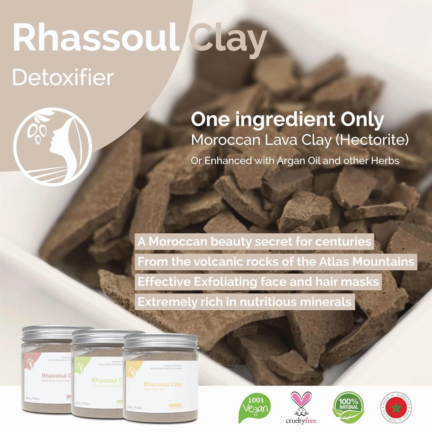 Fatima's Garden Rhassoul with Prickly Pear - Hydrating Face & Hair Mask, 250g
