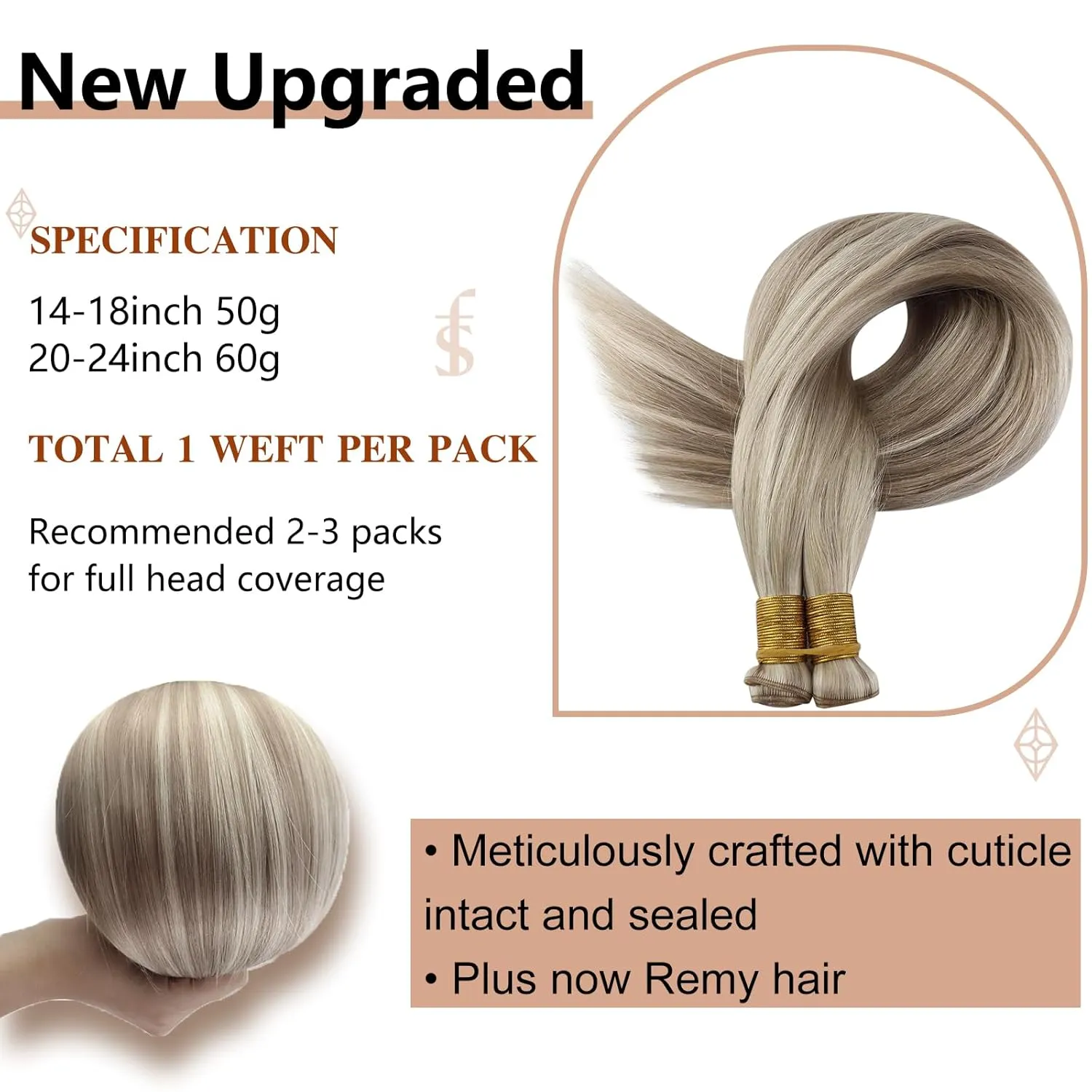 Full Shine 22 Inch Human Hair Weft Sew In Hair Extensions Real Human Hair Hand Tied Hair Extensions Straight Remy Hair For Women Color Ash Blonde Highlight Bleach Blonde Bundles Human Hair 60G