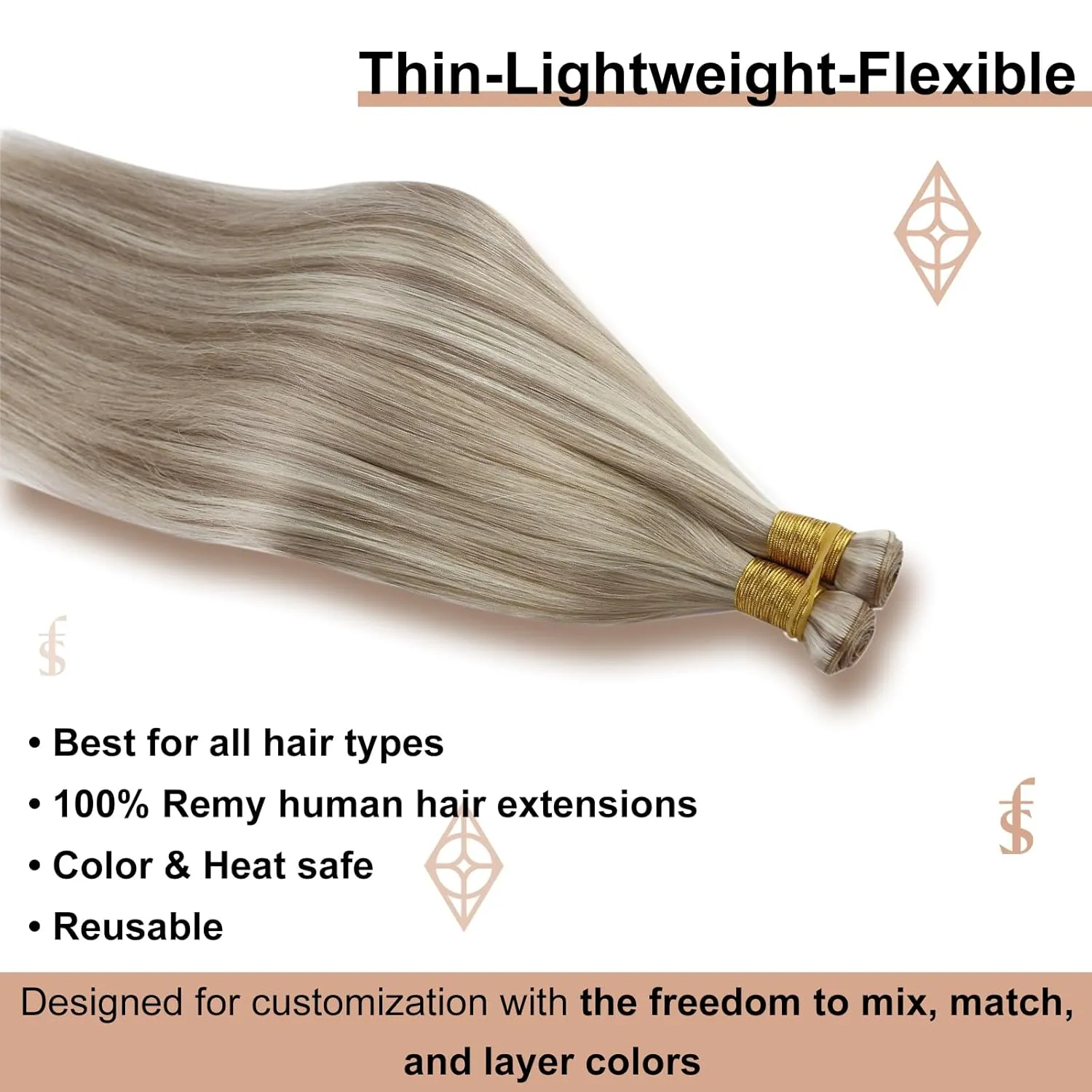 Full Shine 22 Inch Human Hair Weft Sew In Hair Extensions Real Human Hair Hand Tied Hair Extensions Straight Remy Hair For Women Color Ash Blonde Highlight Bleach Blonde Bundles Human Hair 60G