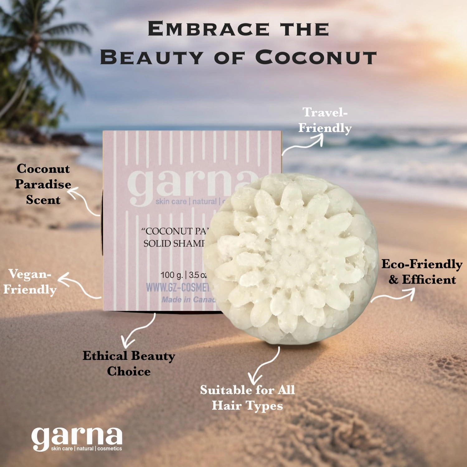 Garna Coconut Paradise Solid Shampoo Bar 2 X 100g/3.5 oz, Moisturizing, for All Hair Types, especially Normal & Dry, 50  Washes, Vegan, Plant-Based, Eco-Friendly Packaging (Pack of 2)