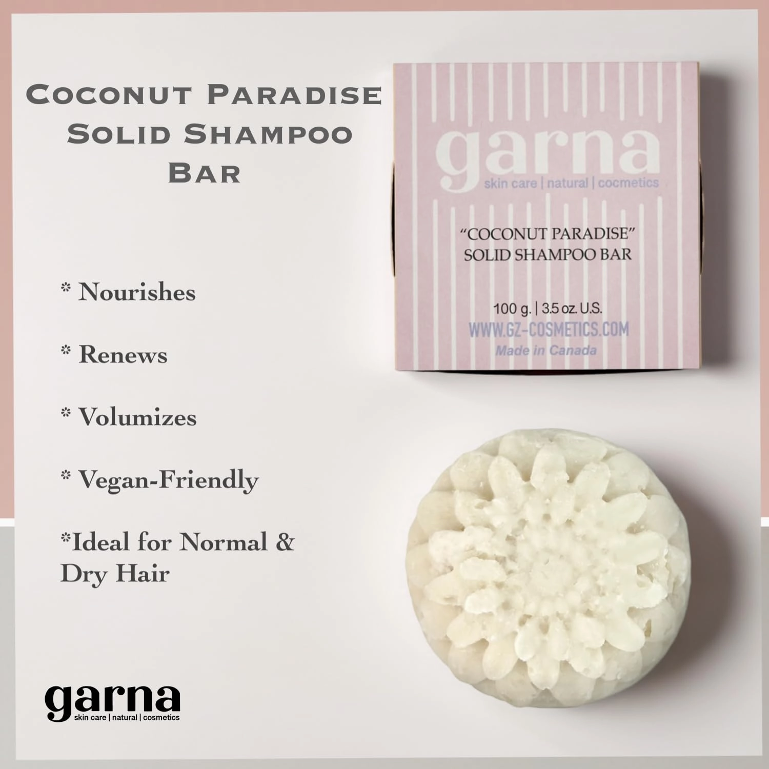 Garna Coconut Paradise Solid Shampoo Bar 2 X 100g/3.5 oz, Moisturizing, for All Hair Types, especially Normal & Dry, 50  Washes, Vegan, Plant-Based, Eco-Friendly Packaging (Pack of 2)