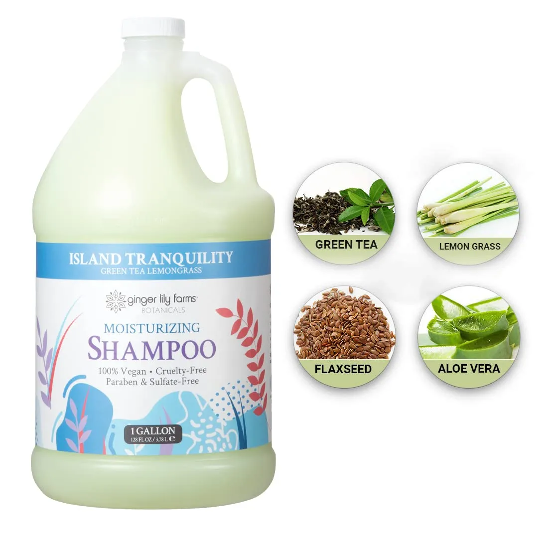 Ginger Lily Farms Botanicals Moisturizing Shampoo for All Hair Types, Island Tranquility, 100% Vegan & Cruelty-Free, Green Tea Lemongrass Scent, 1 Gallon (128 fl oz) Refill