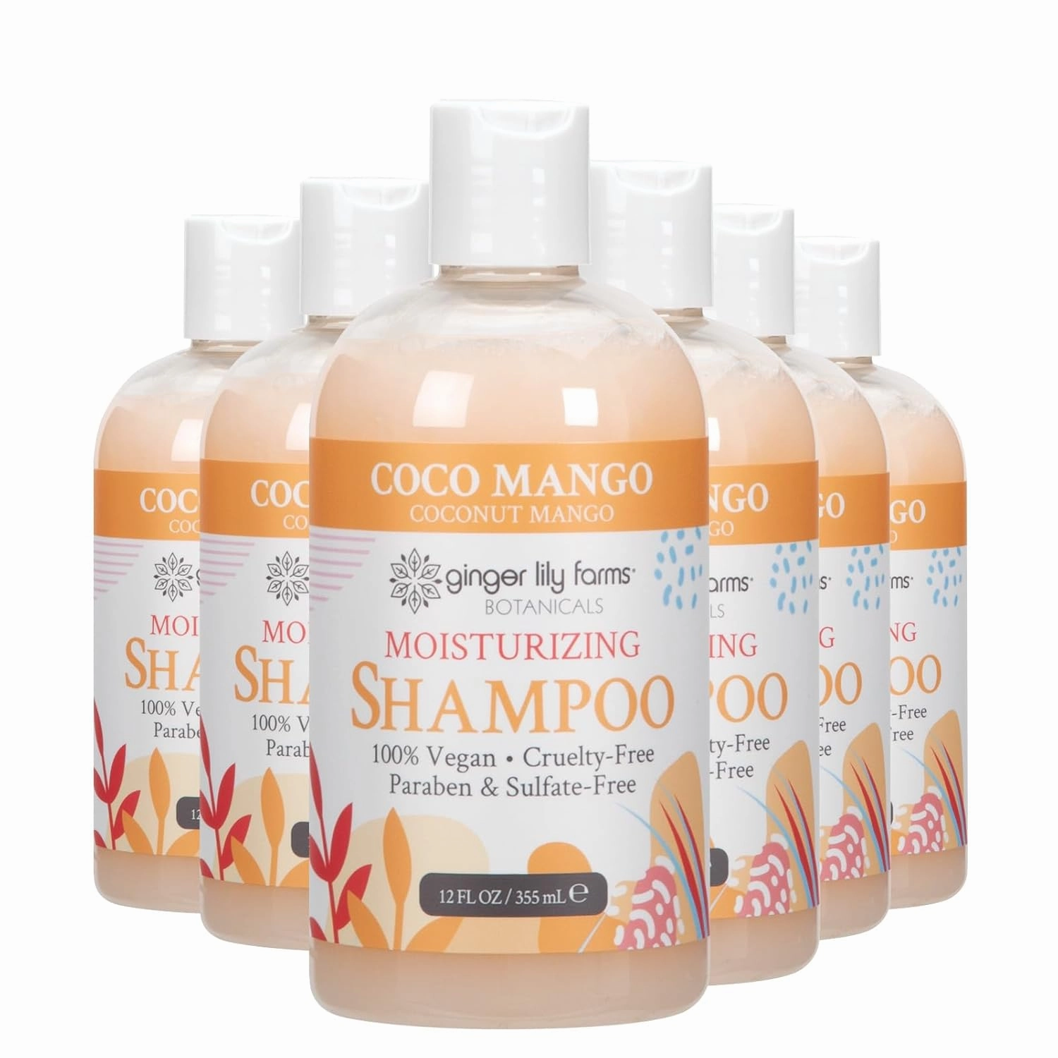 Ginger Lily Farms Botanicals Moisturizing Shampoo for All Hair Types, Coco Mango, 100% Vegan & Cruelty-Free, Coconut Mango Scent, 12 Fl Oz (Pack of 6)