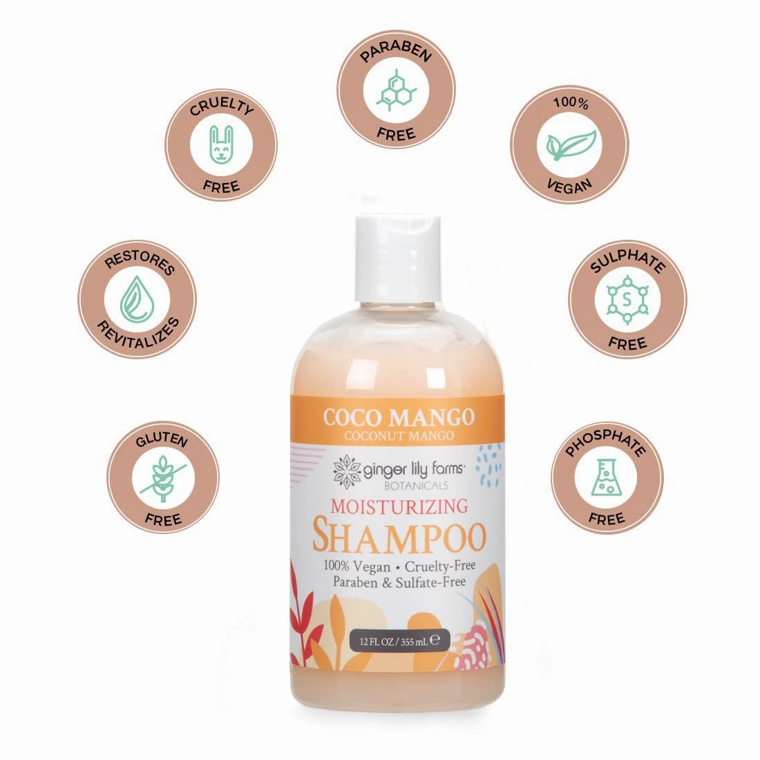 Ginger Lily Farms Botanicals Moisturizing Shampoo for All Hair Types, Coco Mango, 100% Vegan & Cruelty-Free, Coconut Mango Scent, 12 Fl Oz (Pack of 6)