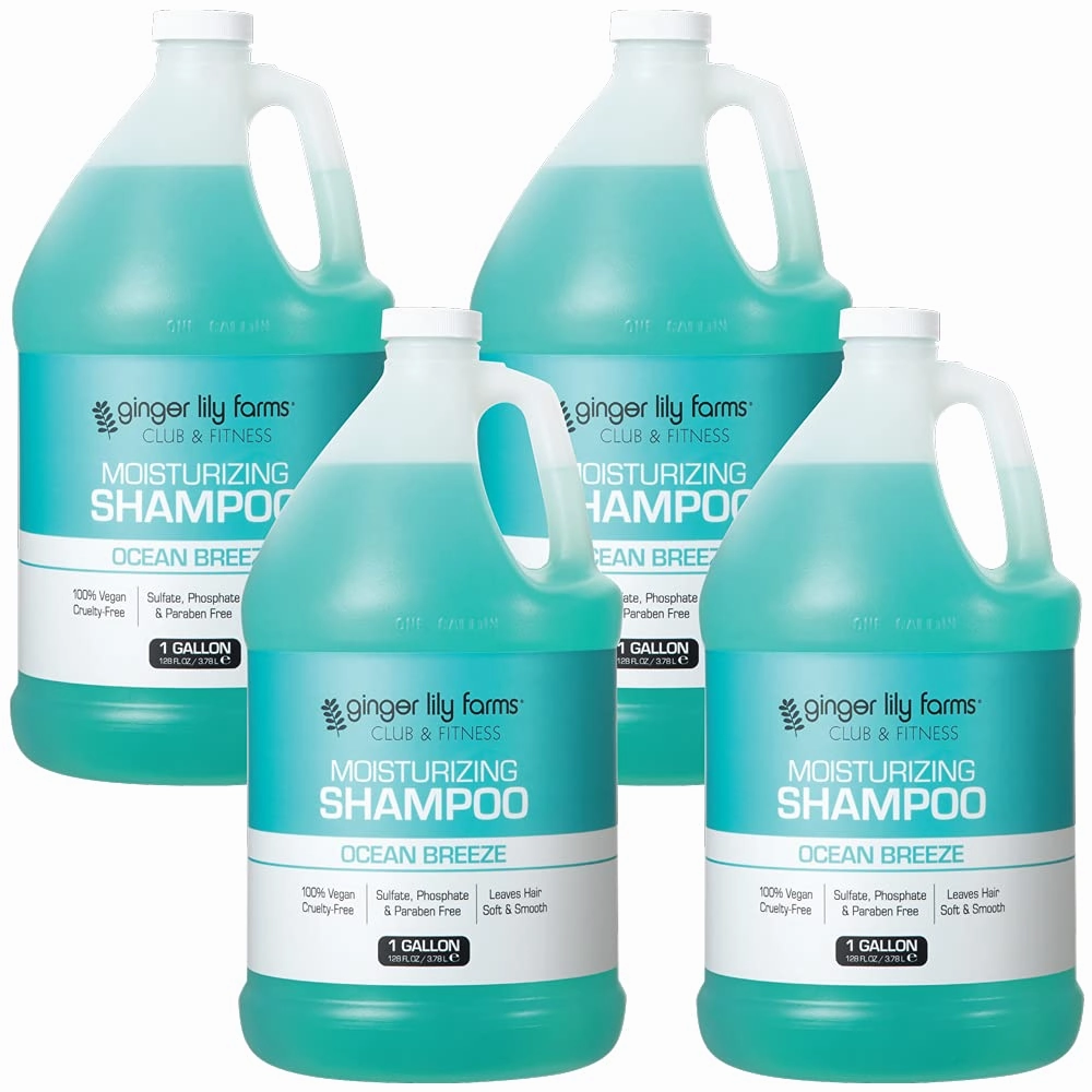 Ginger Lily Farms Club & Fitness Moisturizing Shampoo for All Hair Types, 100% Vegan & Cruelty-Free, Ocean Breeze Scent, 1 Gallon Refill (Pack of 4)