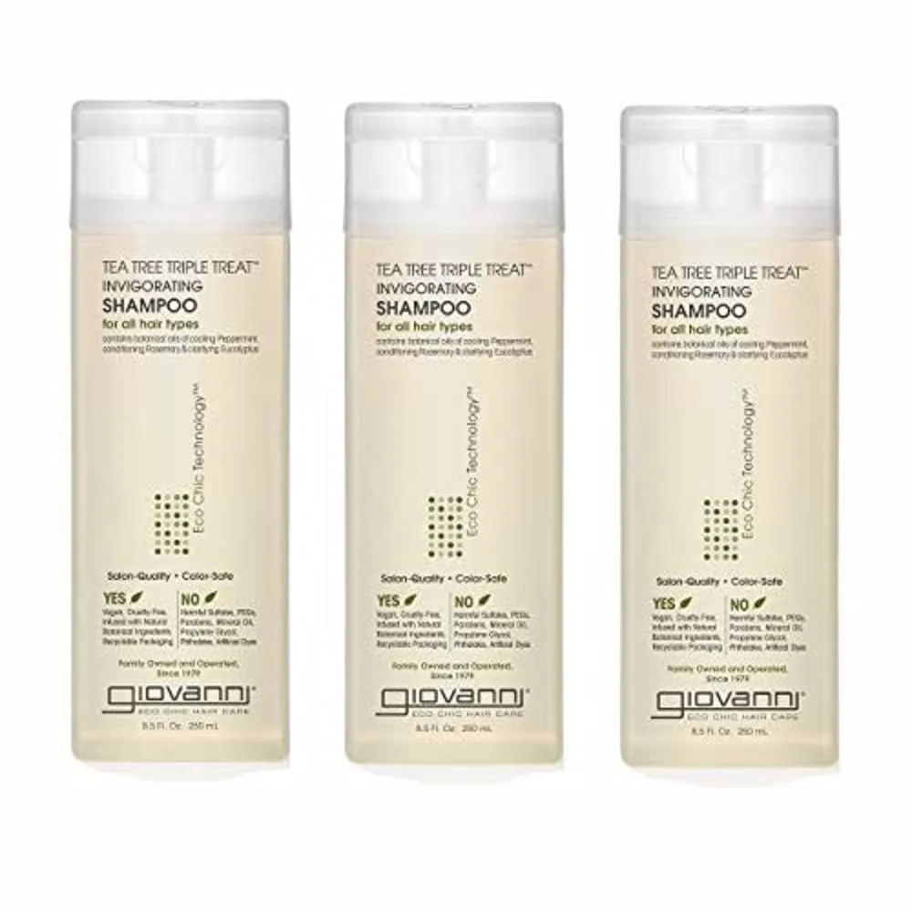 GIOVANNI Tea Tree Triple Treat Invigorating Shampoo - Cooling Peppermint, Eucalyptus & Rosemary, Strengthen & Rejuvenate Hair & Scalp, Salon Quality, Paraben Free, Tea Tree Shampoo - 8.5 oz (3 Pack)