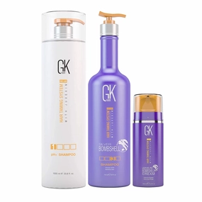 GK HAIR Global Keratin pH  Pre-Treatment Clarifying Shampoo (1000ml/ 33.8 fl. oz) |Purple Shampoo/Toner Silver Bombshell 710ml - Leave In Bombshell Cream (100ml/ 3.4 fl. oz)