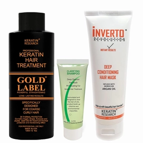 GOLD LABEL Brazilian Keratin Blowout Hair Treatment Super Enhanced Winning Formula All Hair Types & Colors Incl Blondes, Bleached, Coarse, Curly, Black African, Dominican Brazilian (120 ML KIT)
