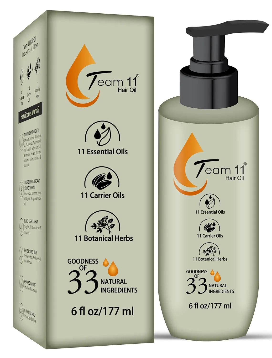 Hair Oil (Team 11 Hair Oil) 6 fl.oz/177 ml I Hair Growth Oil, Unique mix of 3 Team of 11 Carrier oil, 11 Essential oil and 11 Botanical herbs