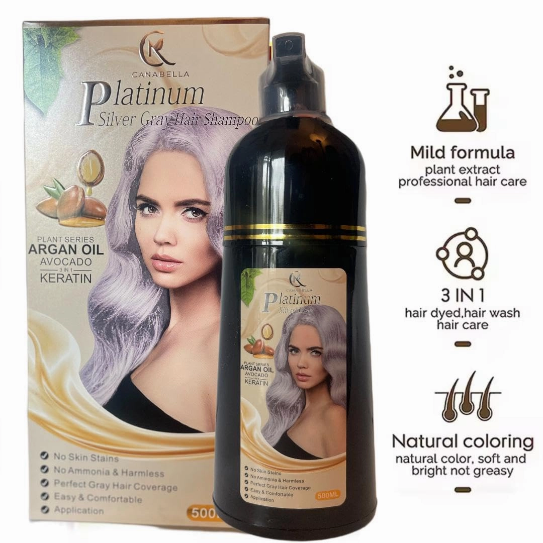 Hair Color Shampoo – Argan Oil, Avocado & Keratin | No Ammonia | Perfect Grey Coverage | Hair Moisturizing & Nourishment | Easy At-Home Application (Platinum Silver Gray)